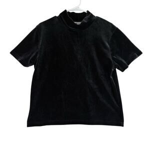 Vintage FP Fast Pace Short Sleeve Mock Neck Black Velvet Blouse Top Womens Large